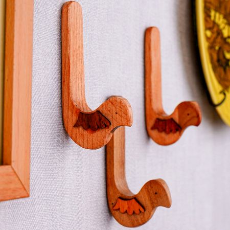 Natural Bird Shape Wooden Adheshive Wall Hook-Pack of 3