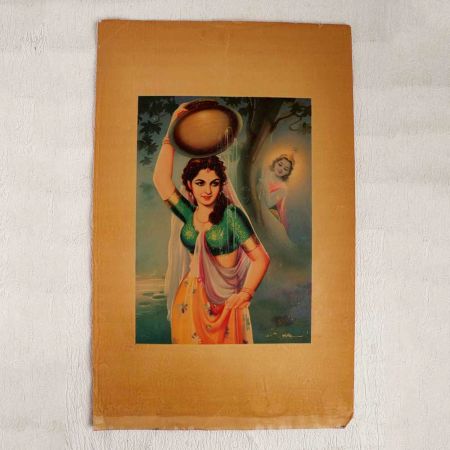 Vintage Oleograph Paper Print of Lord Krishna with Gopi