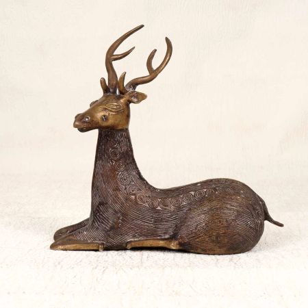 Vintage Finest Brass Sitting Deer Statue in Tribal Art from Odisha