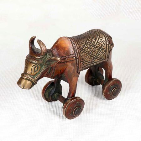 Handcrafted Brown Finish Bull on Four Wheels Made of Brass
