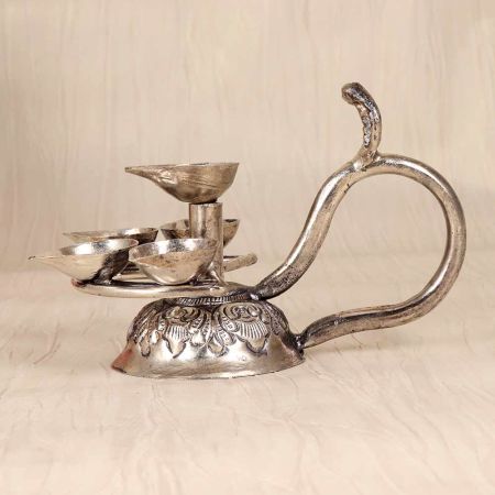 Silver Finish Brass Aarti Oil Lamp with Cobra Handle for Prayer Room