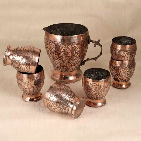 Handmade Engraved Copper Jug and Glass Set for Home Decor