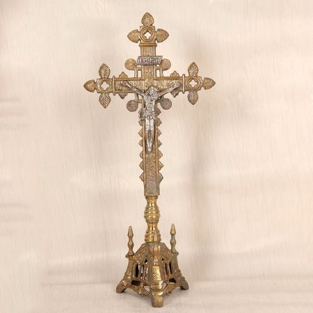 Handmade Vintage Brass Church Altar Cross with Silver Corpus
