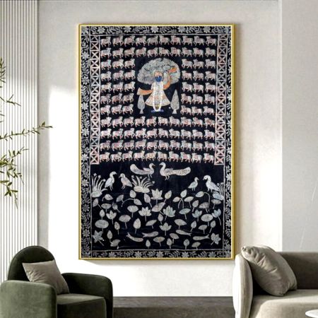 Beautiful Pichwai Painting of Lord Krishna on Cloth for Prayer Room