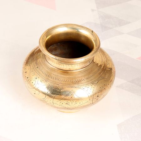 Shiny Golden Engraved Brass Holy Water Pot for Hindu Rituals