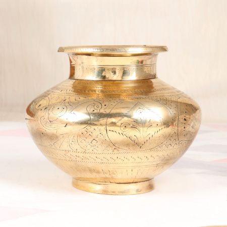 Shiny Golden Engraved Brass Holy Water Pot for Hindu Rituals