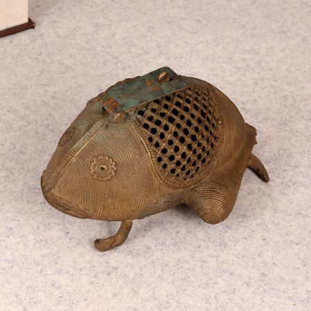 Handcrafted Vintage Brass Tribal Frog Statue with Jali Work
