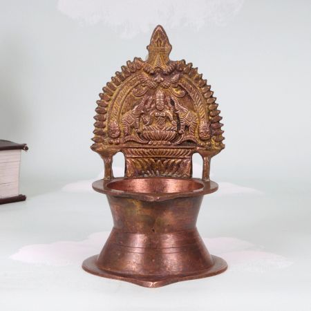 Vintage Brown Brass Gaja Lakshmi Oil Lamp for Prayer Room