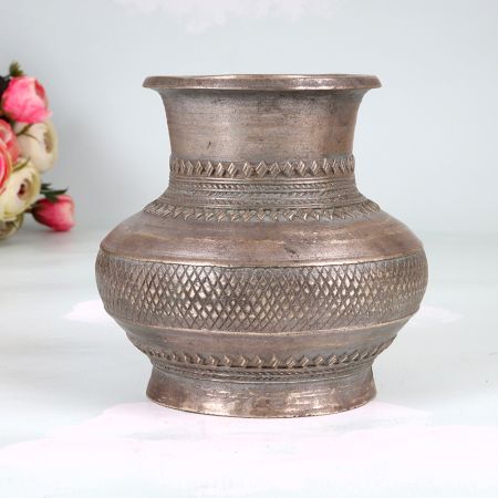 Vintage Engraved Brass Holy Water Pot in Tribal Art for Decor