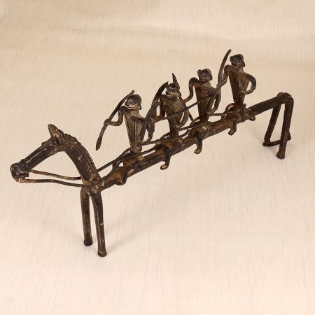 Handmade Vintage Brass Long Horse with Four Warriors Statue