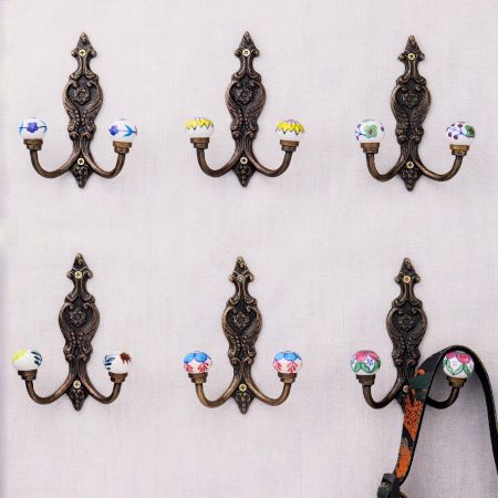 Handmade Multicolor Ceramic Iron Wall Hooks 6 Pieces