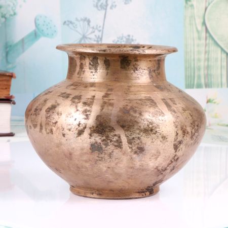 Plain Brown Brass Holy Water Pot for Hindu Rituals and Decoration