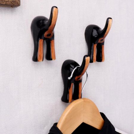 Black Brown Ceramic Dog Tail Shaped Wall Hooks-Pack of 3