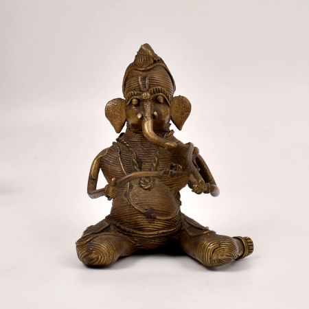 Tribal Vintage Brass Lord Ganesha Playing Sarangi Statue for Decor