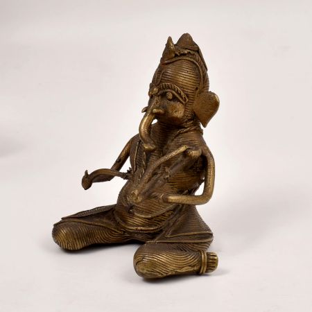 Tribal Vintage Brass Lord Ganesha Playing Sarangi Statue for Decor