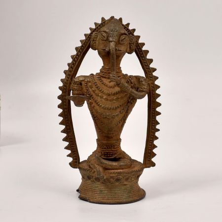 Handcrafted Sitting Lord Ganesha Brass Statue in Tribal Art