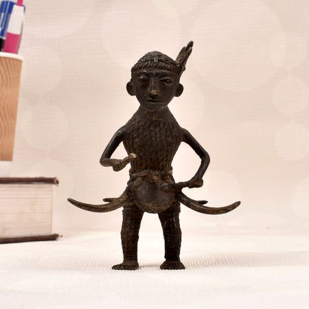 Vintage Naga Art Brass Statue of Man Playing Drum for Decor