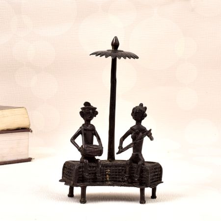 Handmade Dhokra Art Brass Statue of Two Man Playing Instrument