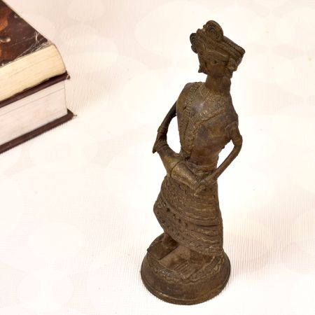 Vintage Brass Statue of Lady Figure Playing Drum in Dhokra Art