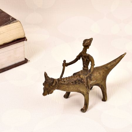 Indian Tribal Art Vintage Brass Statue of Animal with Rider