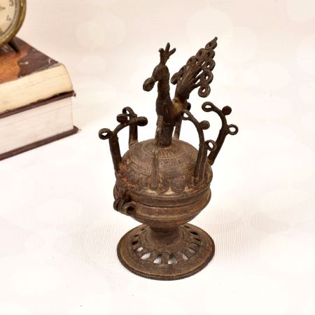 Peacock Carving Finest Brass Sindoor Box in Tribal Art