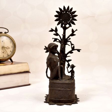 Vintage Brass Statue of Two Monkey Sitting Under Tree for Decor