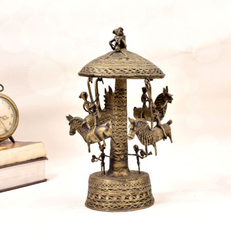 Vintage Brass Umbrella Horse Swing with Male Figures for Decor