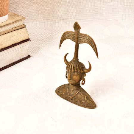 Traditional Folk Brass Female Bust Statue with Horns in Tribal Art