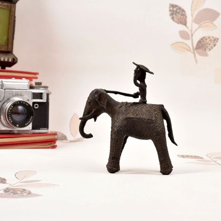 Tribal Art Handcrafted Brass Elephant with Rider in Vintage Finish