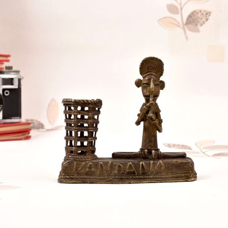 Vintage Brass Tribal Man Playing Instrument Statue in Bastar Art
