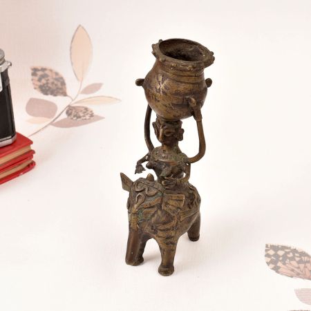 Handmade Bastar Art Brass Statue of Woman on Elephant for Decor