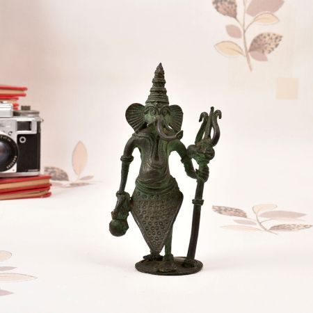 Finest Tribal Brass Lord Ganesha Statue with Trident and Kamandal