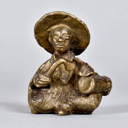 Brass Chinese Man Statue Playing Drum in Tribal Art for Decor