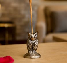 Silver Brass Standing Owl Incense Stick Holder