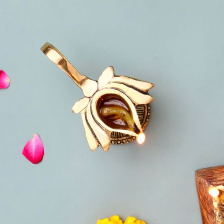 Brass Lotus Shape Oil Lamp On Stand With Handle