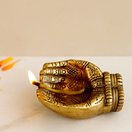 Engraved Design Two Hands Brass Diya Oil Lamp