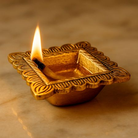 Brass Engraved Square Oil Lamp Diya
