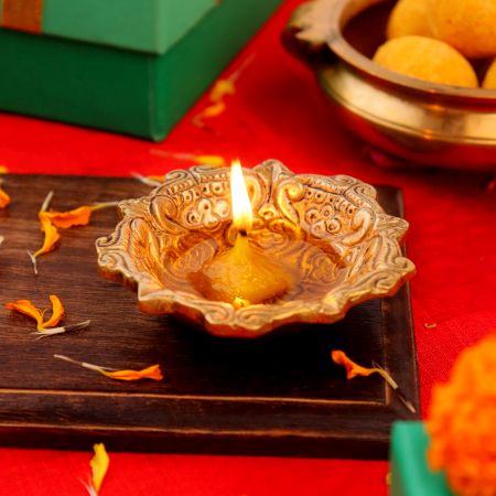 Hindu Brass Oil Lamp Diya Engraved Floral Swastika Diwali Decoration