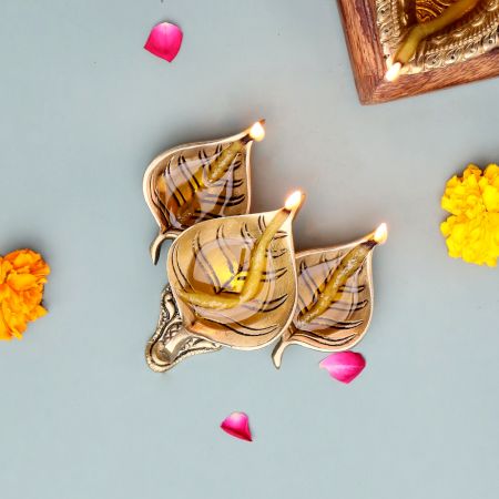 Modern Antique Golden Brass 3 Leaf Shaped Oil Lamp For Diwali Pooja