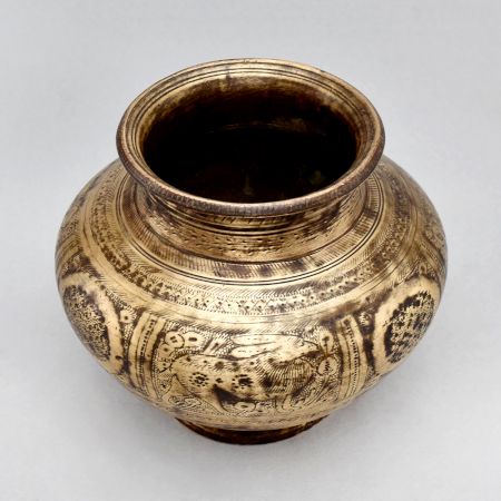 Vintage Brass Holy Water Pot with Intricate Elephant, Deer and Lion Carvings