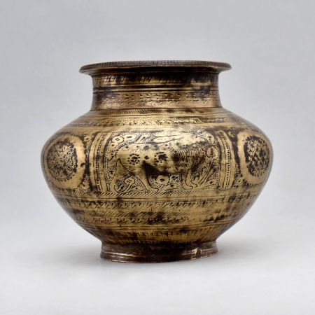 Vintage Brass Holy Water Pot with Intricate Elephant, Deer and Lion Carvings