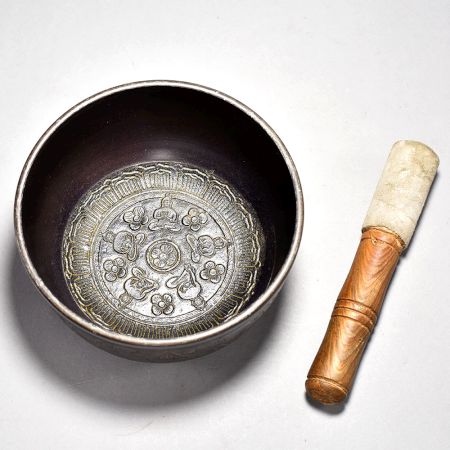 Buddha Floral Carved Tibetan Singing Om Bowl with Wooden Striker