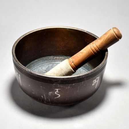 Buddha Carved Tibetan Singing Bowl with Wooden Striker