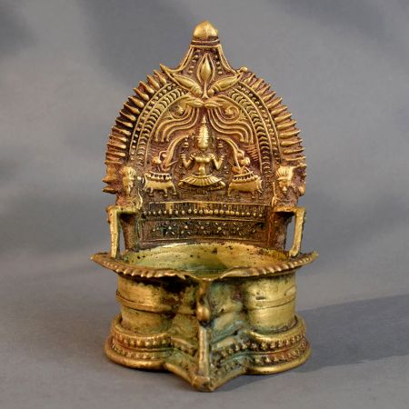 Traditional Brass South Indian Vintage Handmade Pooja Diya with Goddess Carving