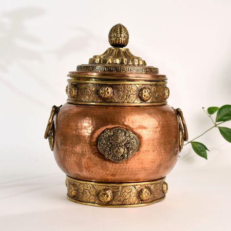 Handcrafted Copper and Brass Storage Jar with Ornate Lid