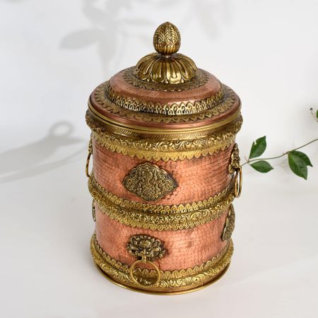 Handmade Copper and Brass Storage Jar with Ornate Lid For Decor