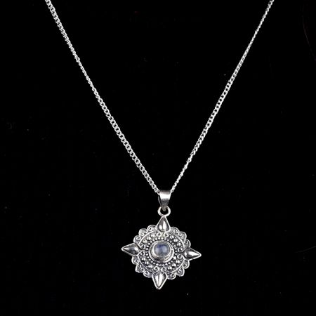 Round Engraved Grey Stone 92.5 Sterling Silver Pendant