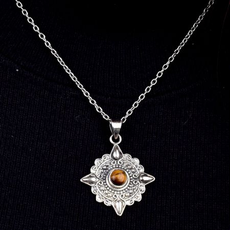 Tiger Eye Engraved Round 92.5 Sterling Silver Pendant