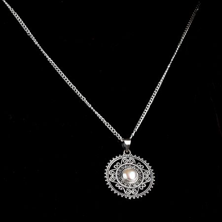 92.5 Sterling Silver Pearl in Round Engraved Pendant