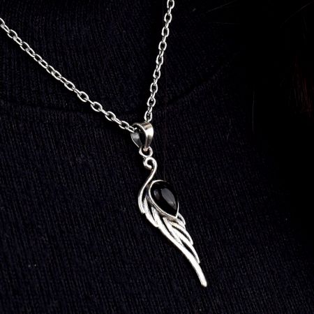 Black Stone Teardrop Feather Embedded 92.5 Sterling Silver Jewelry